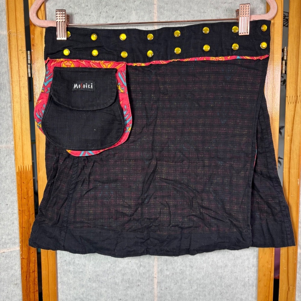 Moshiki Wrap Skirt OS Black Reversible Floral Plaid Snap Adjustable Pocket Boho